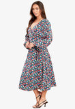 Multi Floral Wrap Front Bubble Sleeves Midi Dress