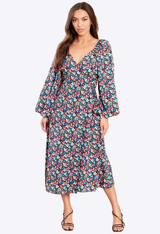 Multi Floral Wrap Front Bubble Sleeves Midi Dress