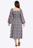 Multi Floral Wrap Front Bubble Sleeves Midi Dress