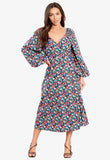 Multi Floral Wrap Front Bubble Sleeves Midi Dress