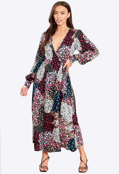 Mixed Print Wrap Midi Dress