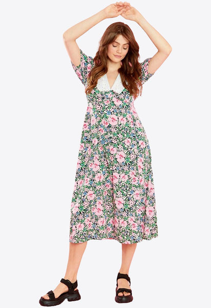 Azalea Floral Midi Dress with Lace Collar