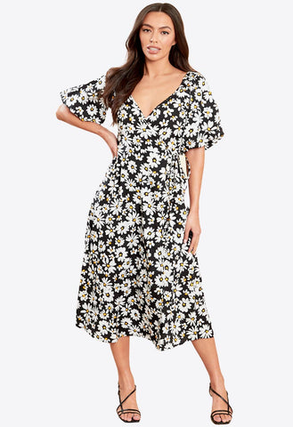 Black Floral Wrap Front Bubble Sleeves Midi Dress