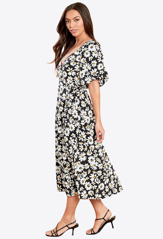 Black Floral Wrap Front Bubble Sleeves Midi Dress