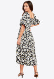 Black Floral Wrap Front Bubble Sleeves Midi Dress