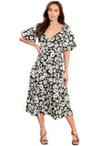 Black Floral Wrap Front Bubble Sleeves Midi Dress