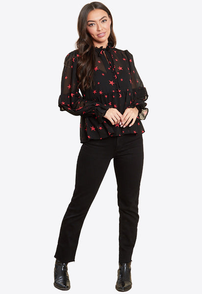 Black With Red Star Ruffle Detail Blouse