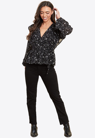 Black Star Print Frill Wrap Blouse