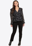 Black Star Print Frill Wrap Blouse