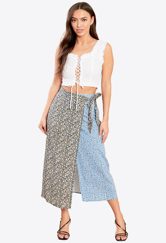 Blue Spliced Floral Print Tie Side Midi Skirt