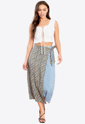 Blue Spliced Floral Print Tie Side Midi Skirt