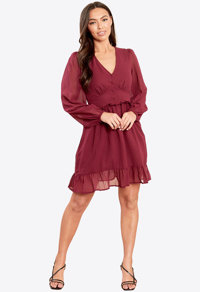 Wine Ruffle Long Sleeves Mini Dress