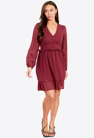 Wine Ruffle Long Sleeves Mini Dress