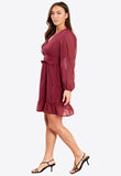 Wine Ruffle Long Sleeves Mini Dress