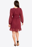 Wine Ruffle Long Sleeves Mini Dress