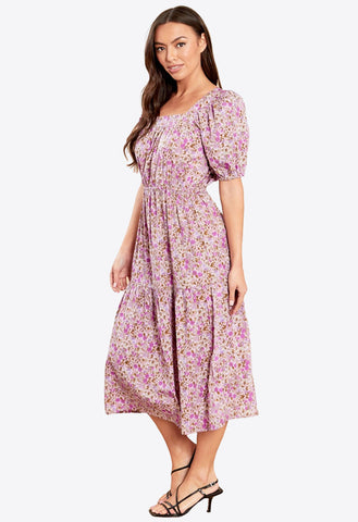 Purple Floral Puff Sleeve Midi Dress