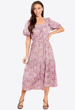 Purple Floral Puff Sleeve Midi Dress