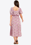 Purple Floral Puff Sleeve Midi Dress