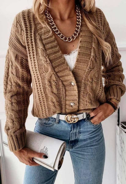 Camel Cable Knit Domed Button Cropped Cardigan