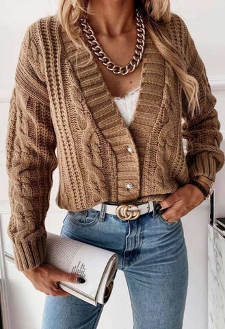 Camel Cable Knit Domed Button Cropped Cardigan