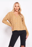 Camel Cable Knit Domed Button Cropped Cardigan