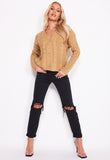 Camel Cable Knit Domed Button Cropped Cardigan