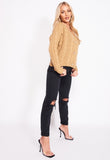 Camel Cable Knit Domed Button Cropped Cardigan