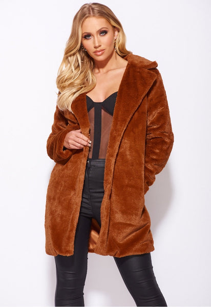 Rust Faux Fur Midi Length Coat