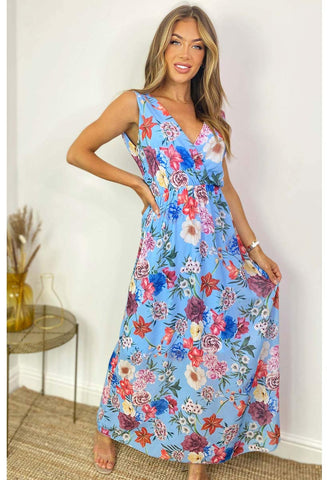 Sky Blue Harmony Floral Chiffon Maxi Dress