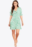 Green Plunge Tie Front Skater Mini Dress With Puff Sleeves