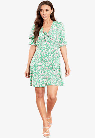 Green Plunge Tie Front Skater Mini Dress With Puff Sleeves