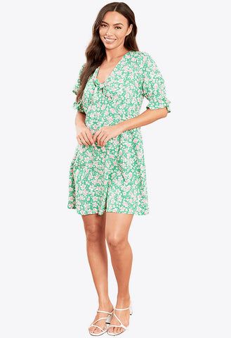 Green Plunge Tie Front Skater Mini Dress With Puff Sleeves