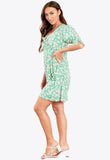 Green Plunge Tie Front Skater Mini Dress With Puff Sleeves