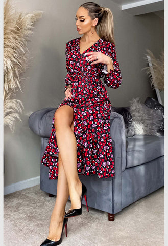 Red Huda Floral Side Slit Midaxi Dress