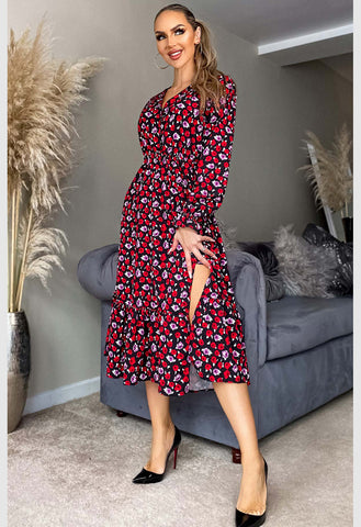 Red Huda Floral Side Slit Midaxi Dress