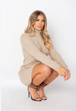 Beige Rib Knit Roll Neck Jumper Dress