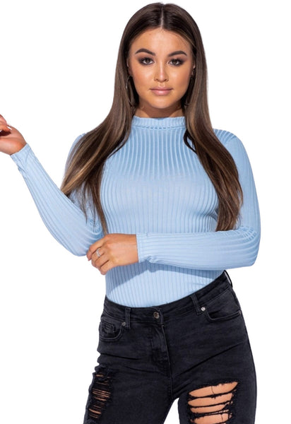 Powder Blue Rib Knit High Neck Long Sleeve Bodysuit