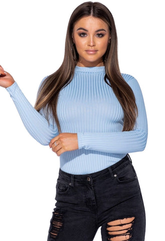 Powder Blue Rib Knit High Neck Long Sleeve Bodysuit