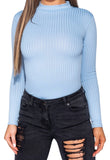 Powder Blue Rib Knit High Neck Long Sleeve Bodysuit