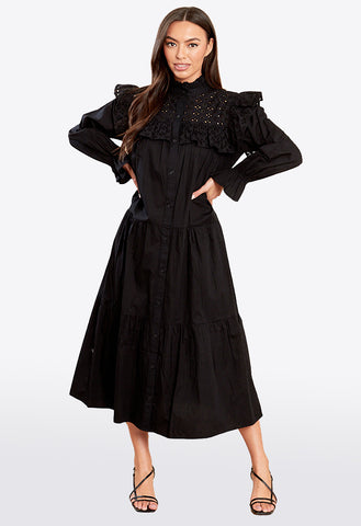 Black Button Through Tiered Frill Sleeve Smock Midaxi Dress