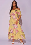 Yellow Floral Frill Detail Cold Shoulder Maxi Dress