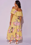 Yellow Floral Frill Detail Cold Shoulder Maxi Dress