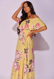 Yellow Floral Frill Detail Cold Shoulder Maxi Dress