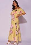 Yellow Floral Frill Detail Cold Shoulder Maxi Dress