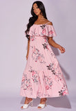 Pink Floral Frill Detail Cold Shoulder Maxi Dress