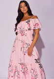 Pink Floral Frill Detail Cold Shoulder Maxi Dress