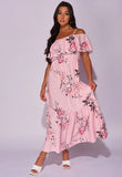 Pink Floral Frill Detail Cold Shoulder Maxi Dress