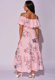 Pink Floral Frill Detail Cold Shoulder Maxi Dress