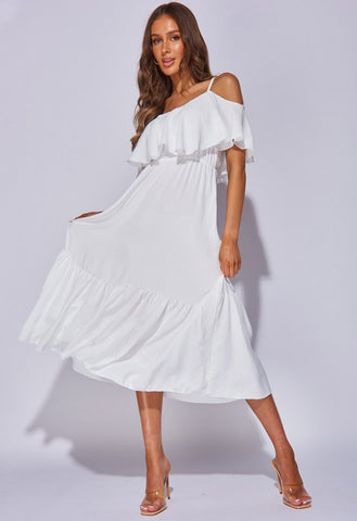 White Tiered Cold Shoulder Strappy Maxi Dress