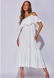 White Tiered Cold Shoulder Strappy Maxi Dress